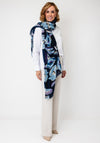 Serafina Collection Floral Print with Gold Jacquard Detail Scarf, Blue Multi