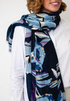 Serafina Collection Floral Print with Gold Jacquard Detail Scarf, Blue Multi