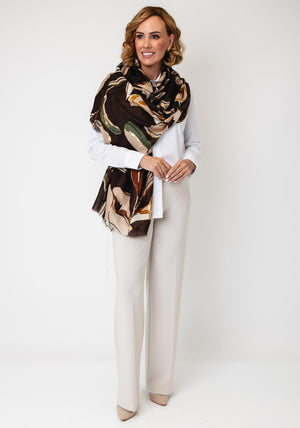 Serafina Collection Botanic Print with Gold Jacquard Detail Scarf, Brown Multi