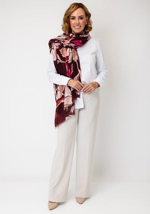 Serafina Collection Botanic Print with Gold Jacquard Detail Scarf, Wine Multi