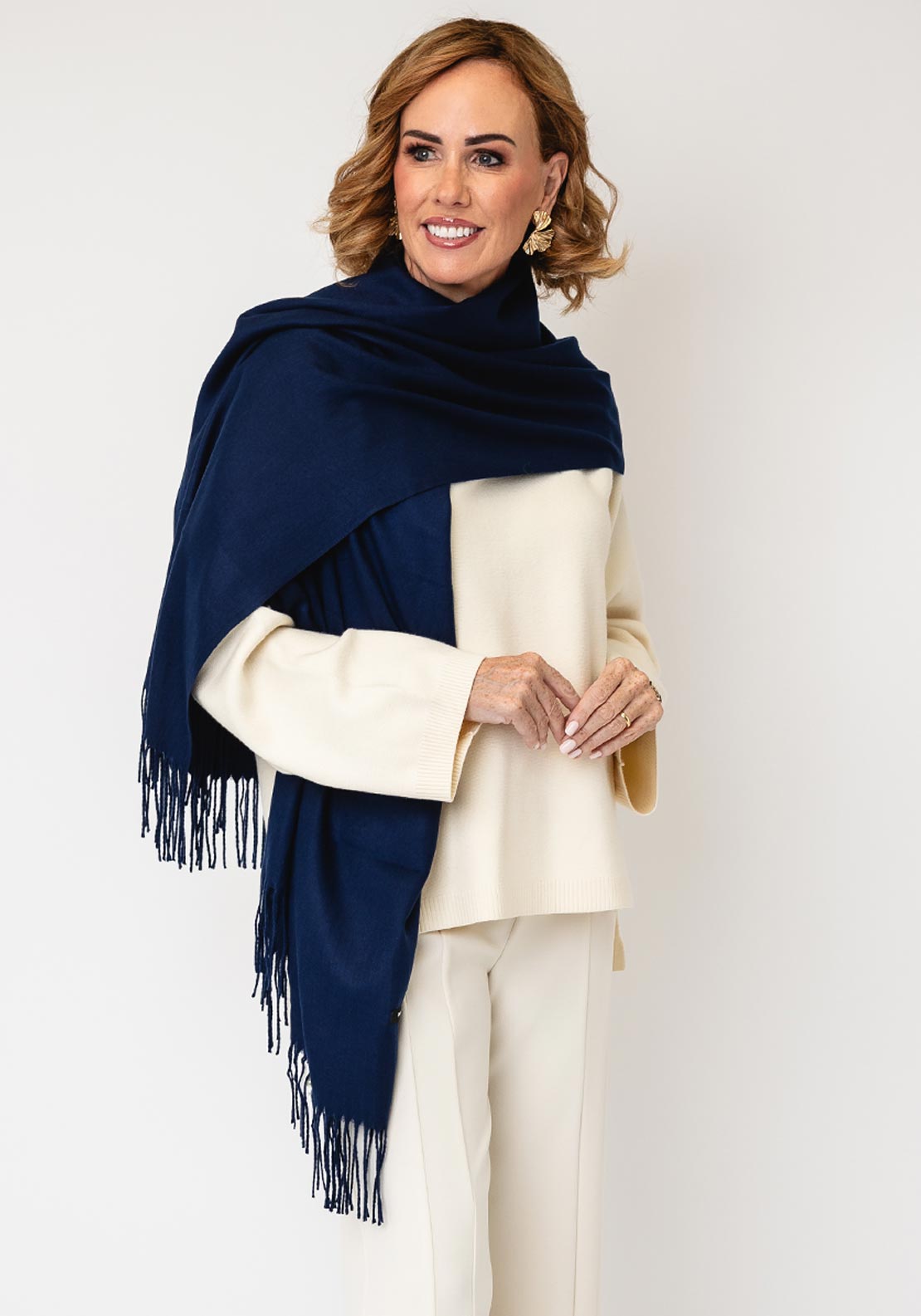 Serafina Collection Cashmere with Fringed Detail Pashmina, Navy