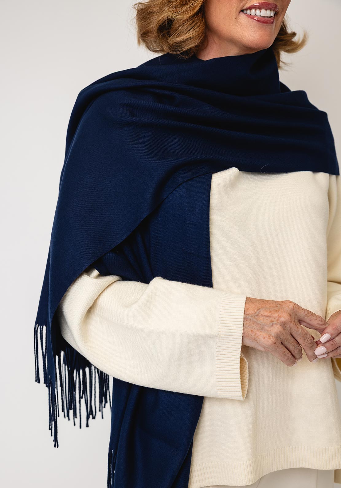Serafina Collection Cashmere with Fringed Detail Pashmina, Navy