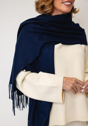 Serafina Collection Cashmere with Fringed Detail Pashmina, Navy