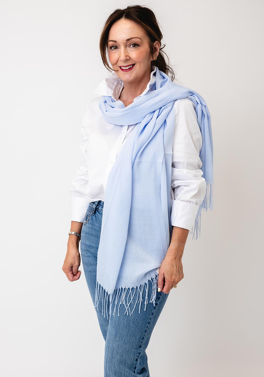 Serafina Lightweight Fringed Trim Pashmina Scarf, Blue