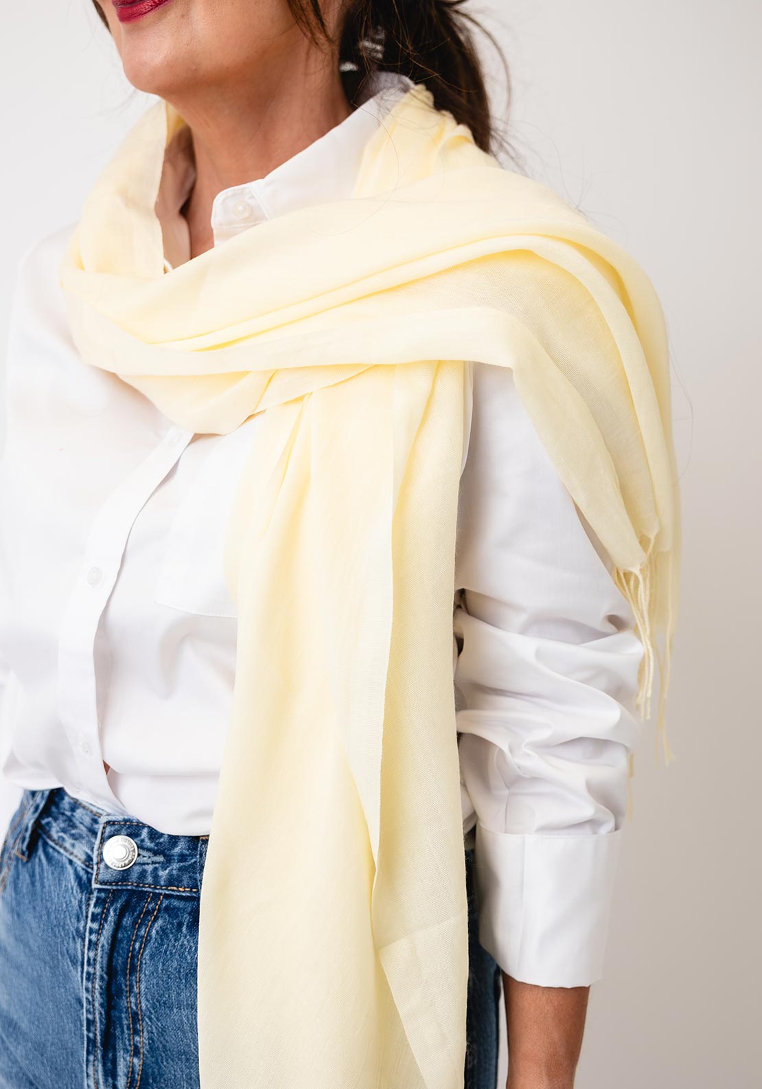 Serafina Lightweight Fringed Trim Pashmina Scarf, Light Yellow