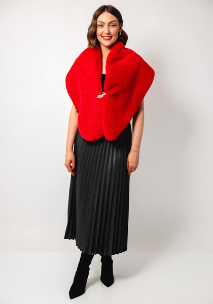 red dress with fur shawl Holiday Lace Dress + Faux Fur Scarf