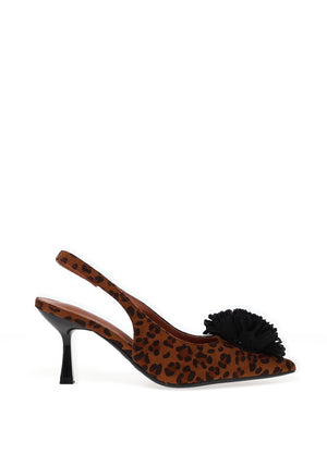 Zen Collection Sling Leopard Pom Pom Heeled Shoe, Tan