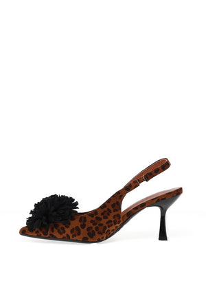 Zen Collection Sling Leopard Pom Pom Heeled Shoe, Tan