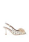 Zen Collection Sling Polka Dot Pom Pom Heeled Shoe, White