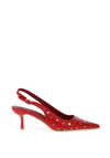 Zen Collection Sling Back Studded Kitten Heeled Shoes, Red