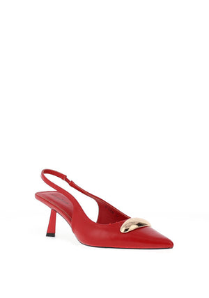 Zen Collection Sling Back Brooch Detailed Kitten Heeled Shoes, Red