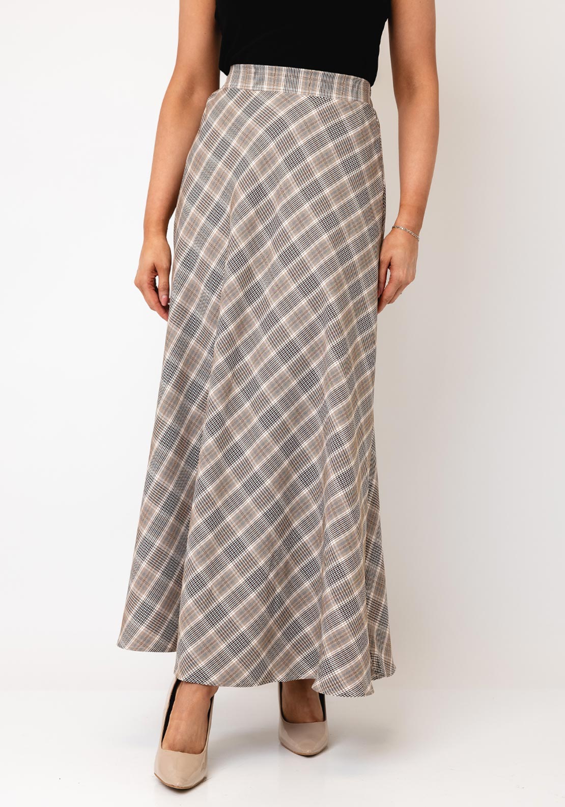 Serafina Collection Check Aline Maxi Skirt, Taupe