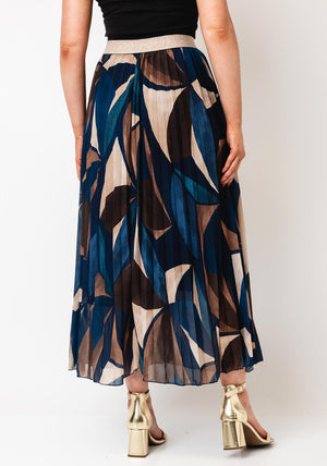 Serafina Collection One-Size Autumnal Print Pleated Midi Skirt, Blue