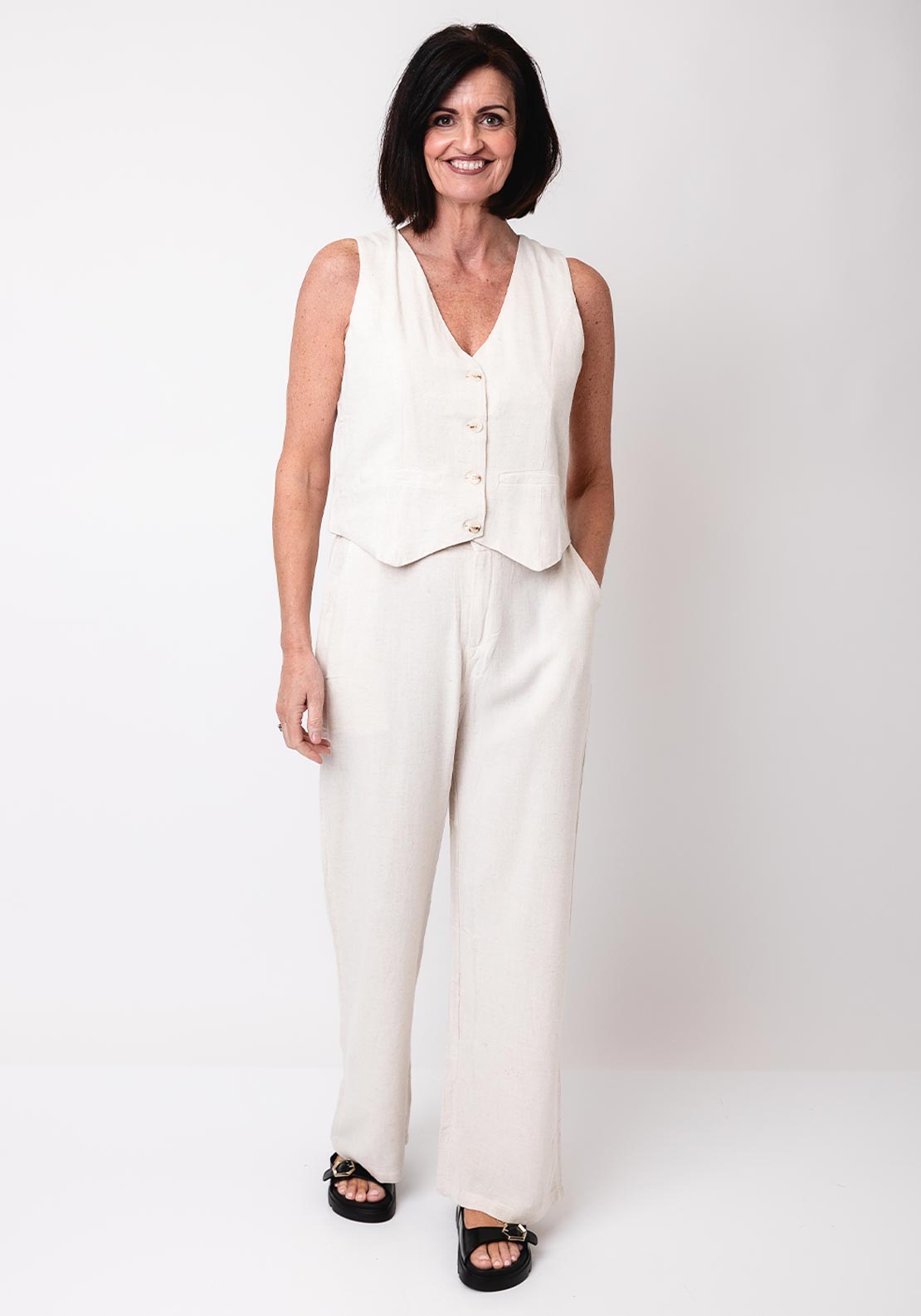 Serafina Collection Linen Blend Waistcoat, Beige