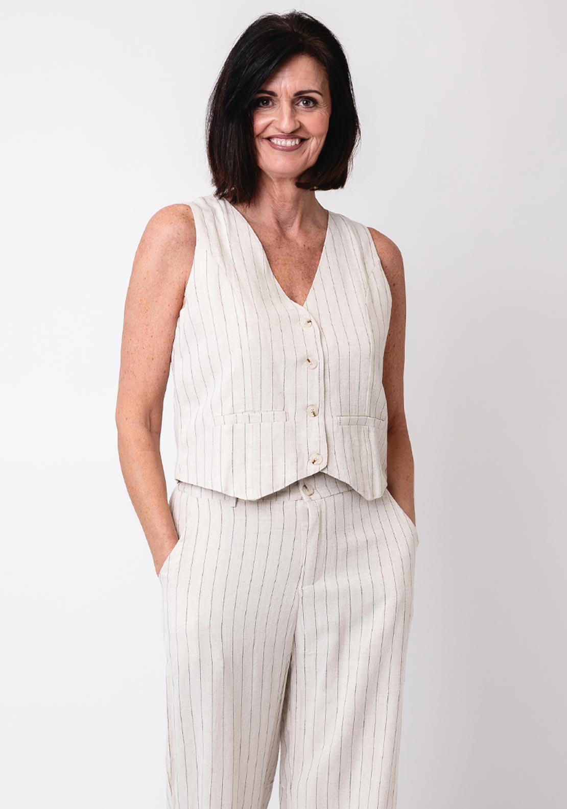 Serafina Collection Linen Blend Stripe Waistcoat, Beige