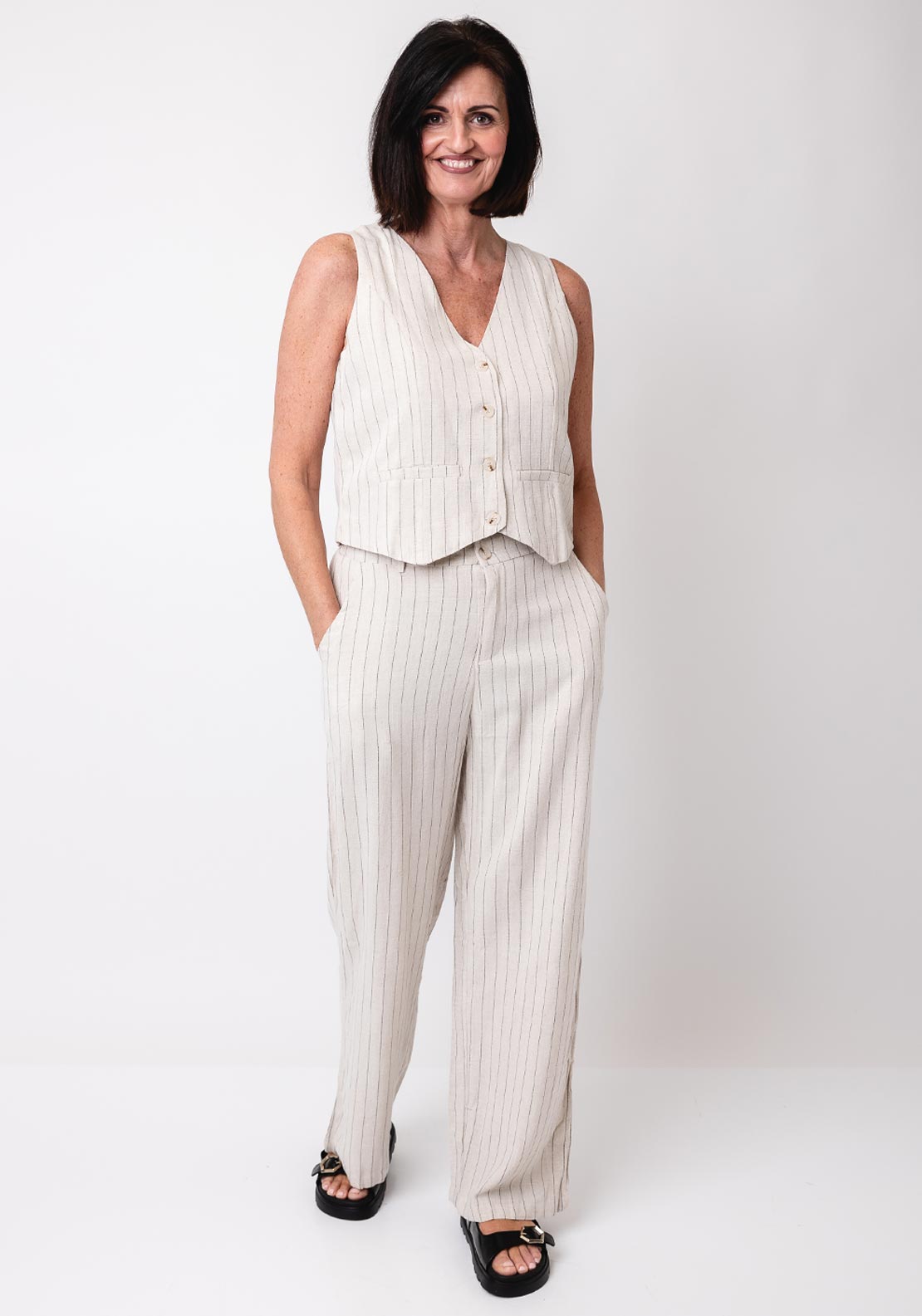Serafina Collection Linen Blend Stripe Waistcoat, Beige