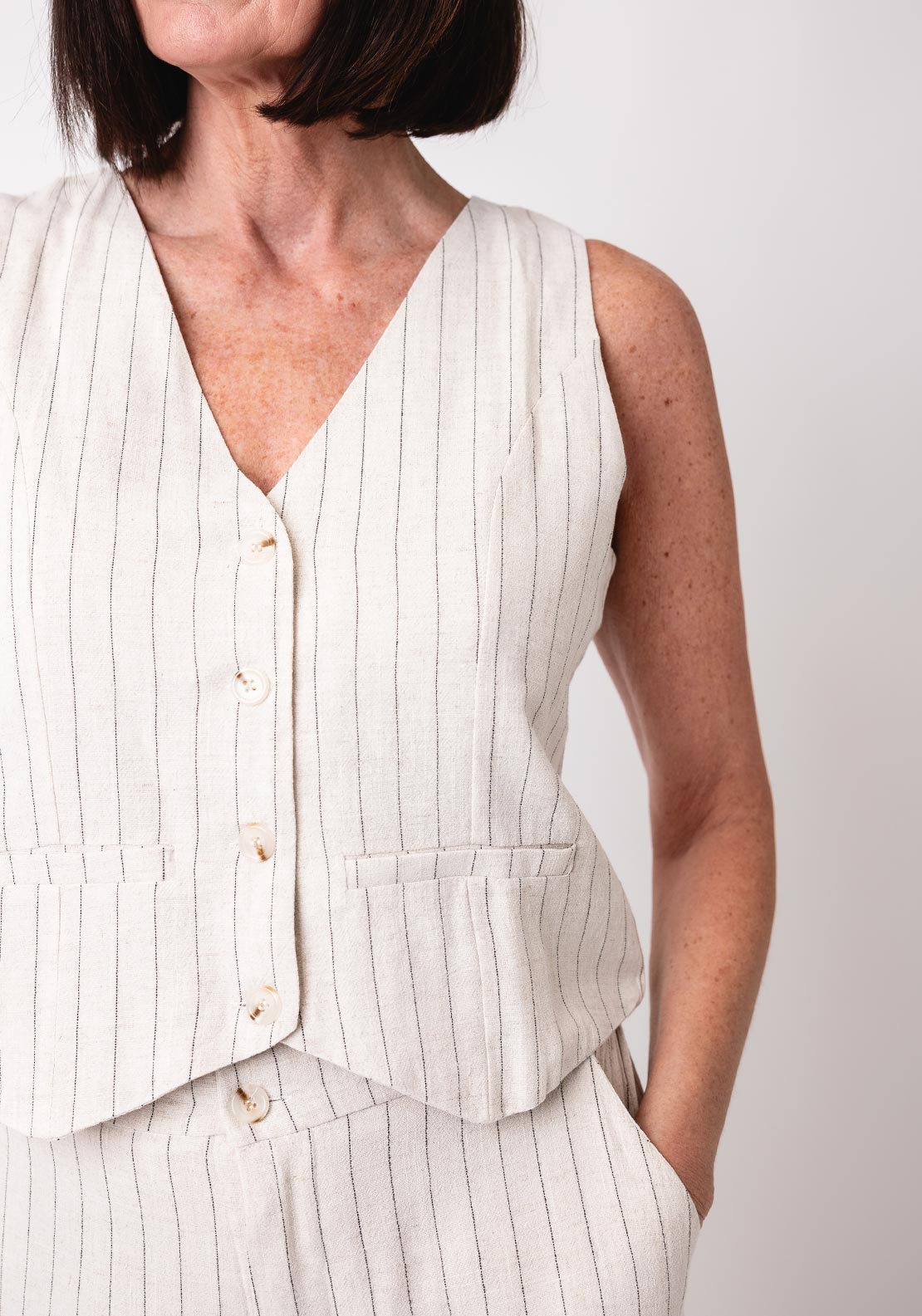 Serafina Collection Linen Blend Stripe Waistcoat, Beige