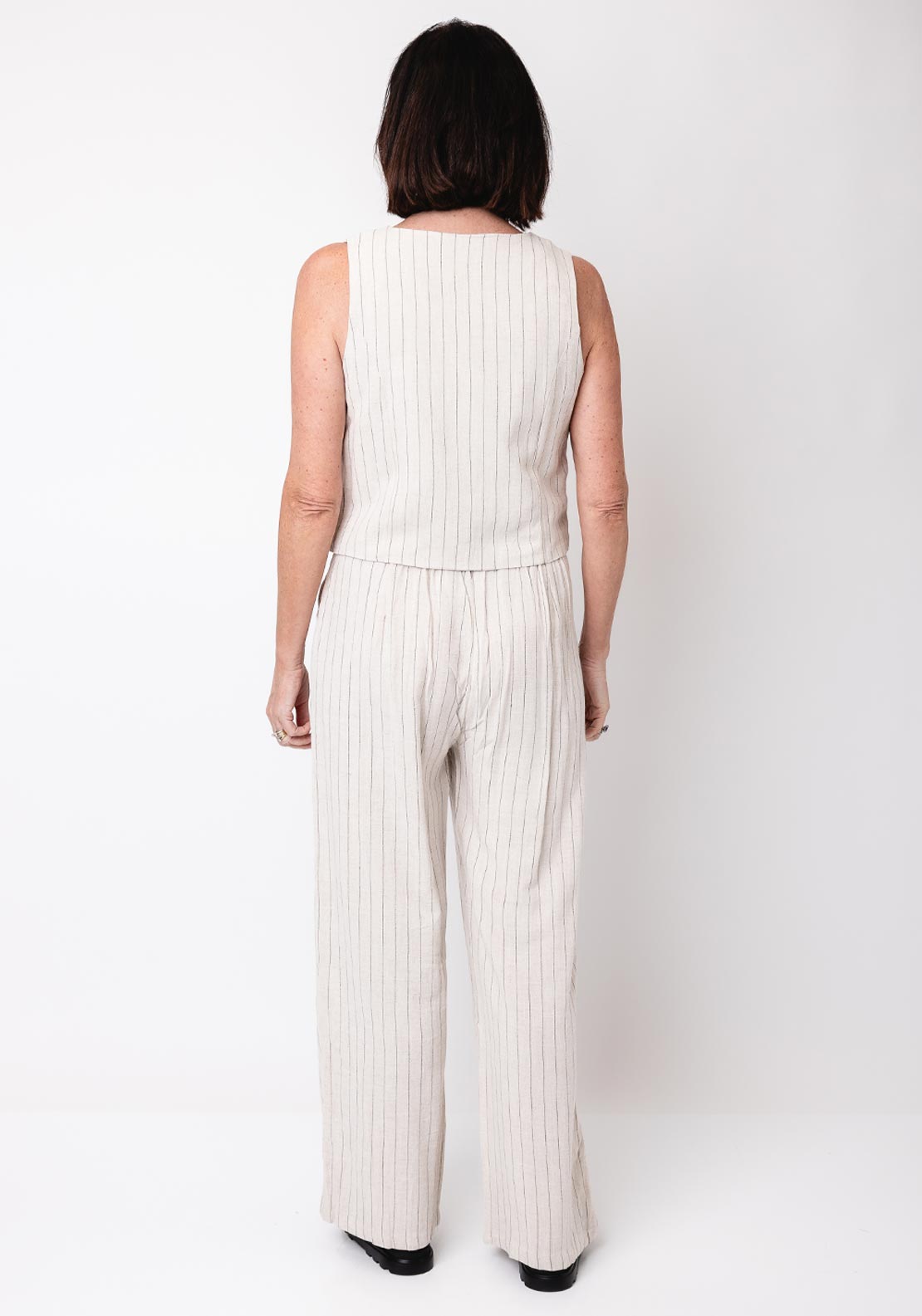 Serafina Collection Linen Blend Stripe Waistcoat, Beige