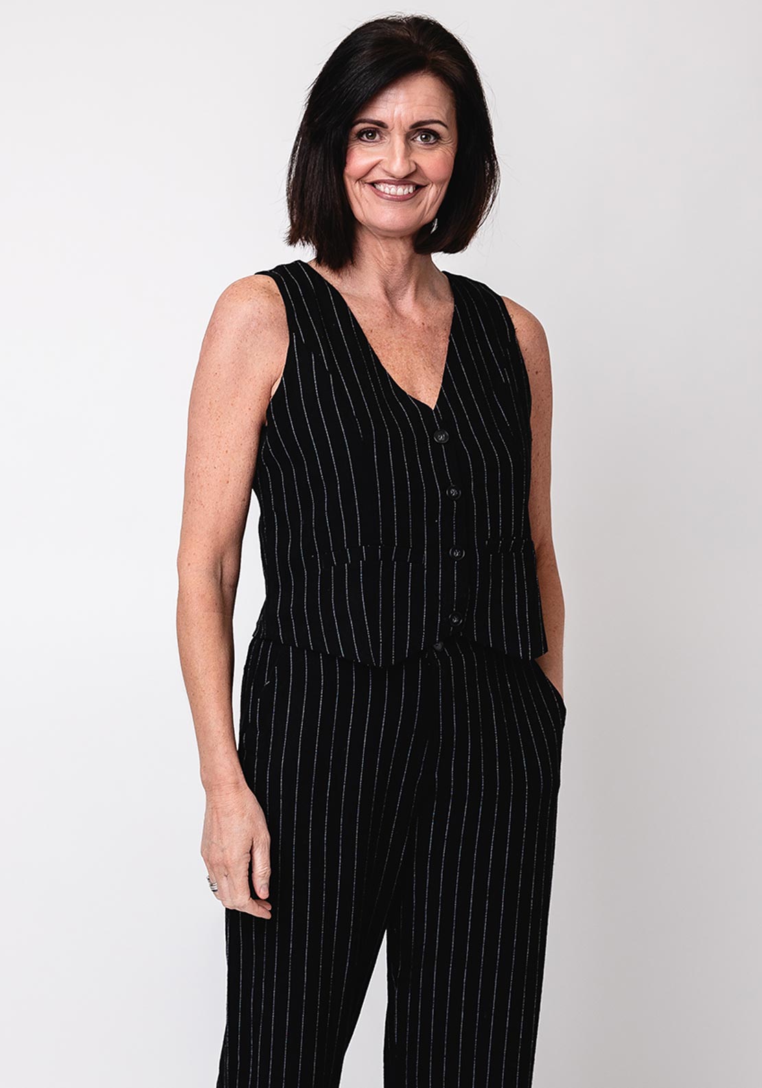 Serafina Collection Linen Blend Stripe Waistcoat, Black