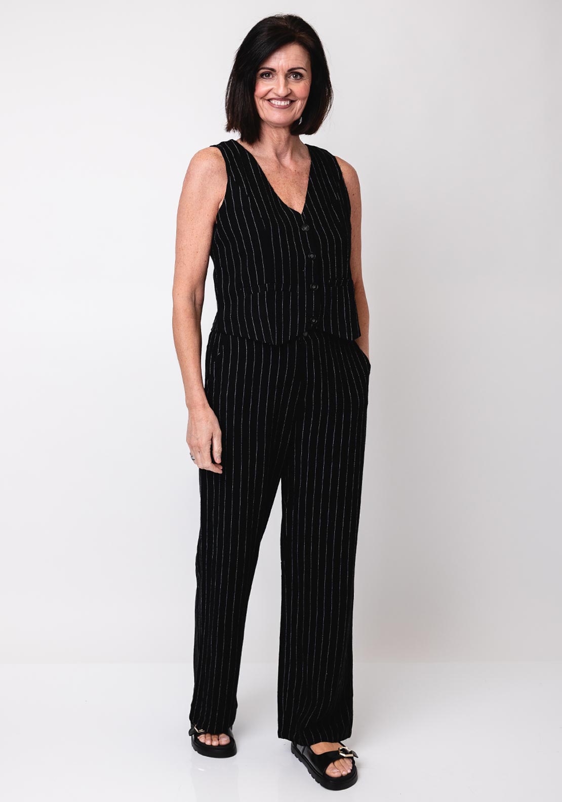 Serafina Collection Linen Blend Stripe Waistcoat, Black