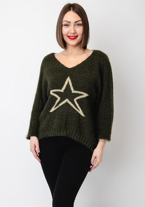 Serafina Collection One Size Star V Neck Jumper, Green