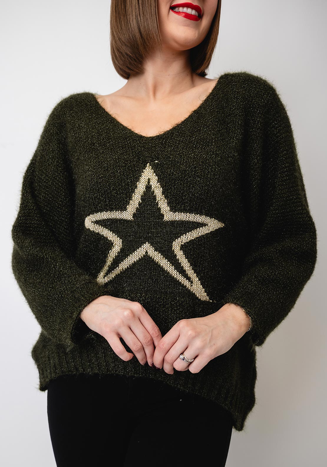 Serafina Collection One Size Star V Neck Jumper, Green