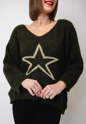 Serafina Collection One Size Star V Neck Jumper, Green