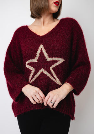 Serafina Collection One Size Star V Neck Jumper, Wine