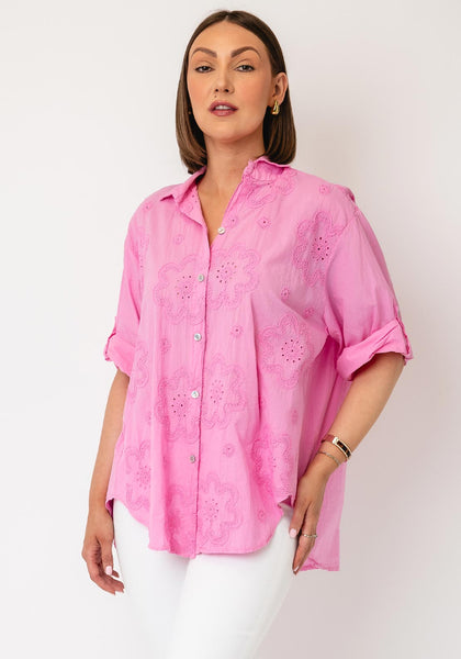 新品未使用　Bluelea Silky Jacquard Blouse pink Serafina Collection One Size Floral Embroidered Blouse, Pink