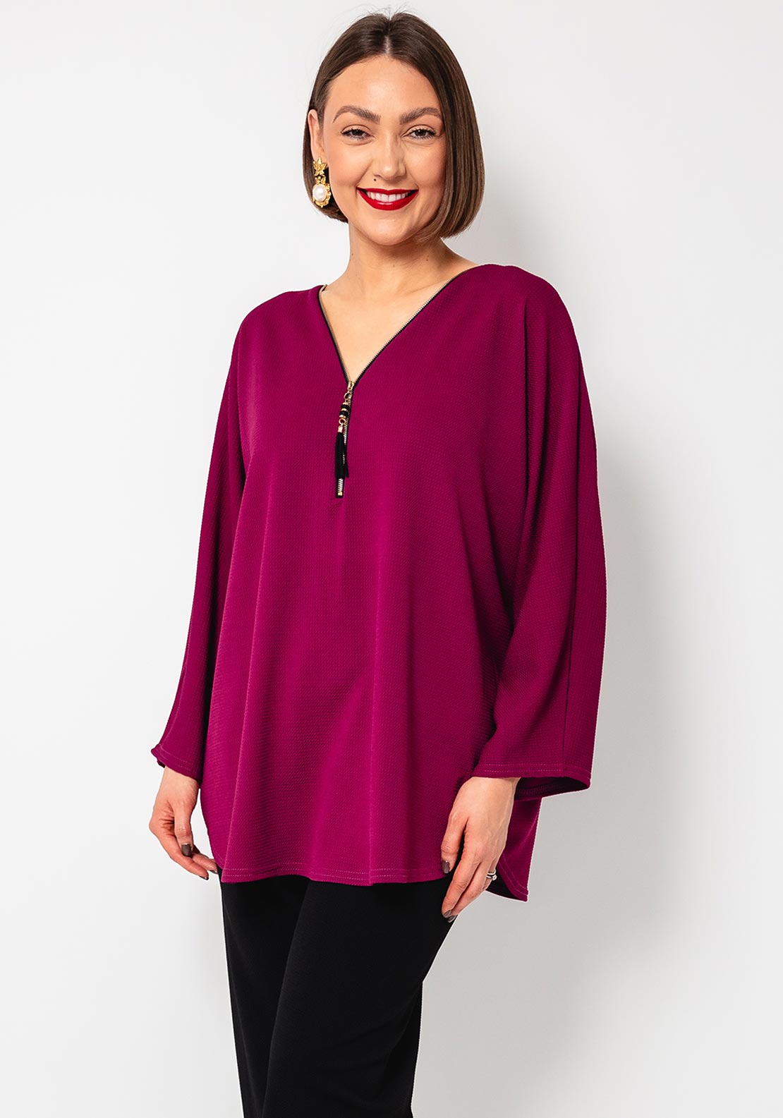 Serafina Collection One Size Zipped Tunic Top, Purple