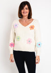 Serafina Collection One Size Knitted Flower Applique Sweater, Beige