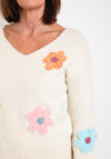 Serafina Collection One Size Knitted Flower Applique Sweater, Beige