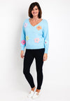 Serafina Collection One Size Knitted Flower Applique Sweater, Blue