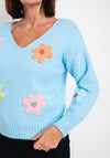 Serafina Collection One Size Knitted Flower Applique Sweater, Blue