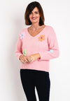 Serafina Collection One Size Knitted Flower Applique Sweater, Rose