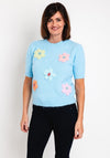 Serafina Collection One Size Knitted Flower Applique Sweater, Blue