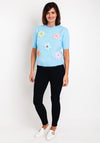 Serafina Collection One Size Knitted Flower Applique Sweater, Blue