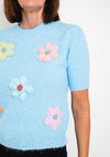 Serafina Collection One Size Knitted Flower Applique Sweater, Blue