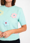 Serafina Collection One Size Knitted Flower Applique Sweater, Green