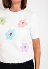 Serafina Collection One Size Knitted Flower Applique Sweater, White