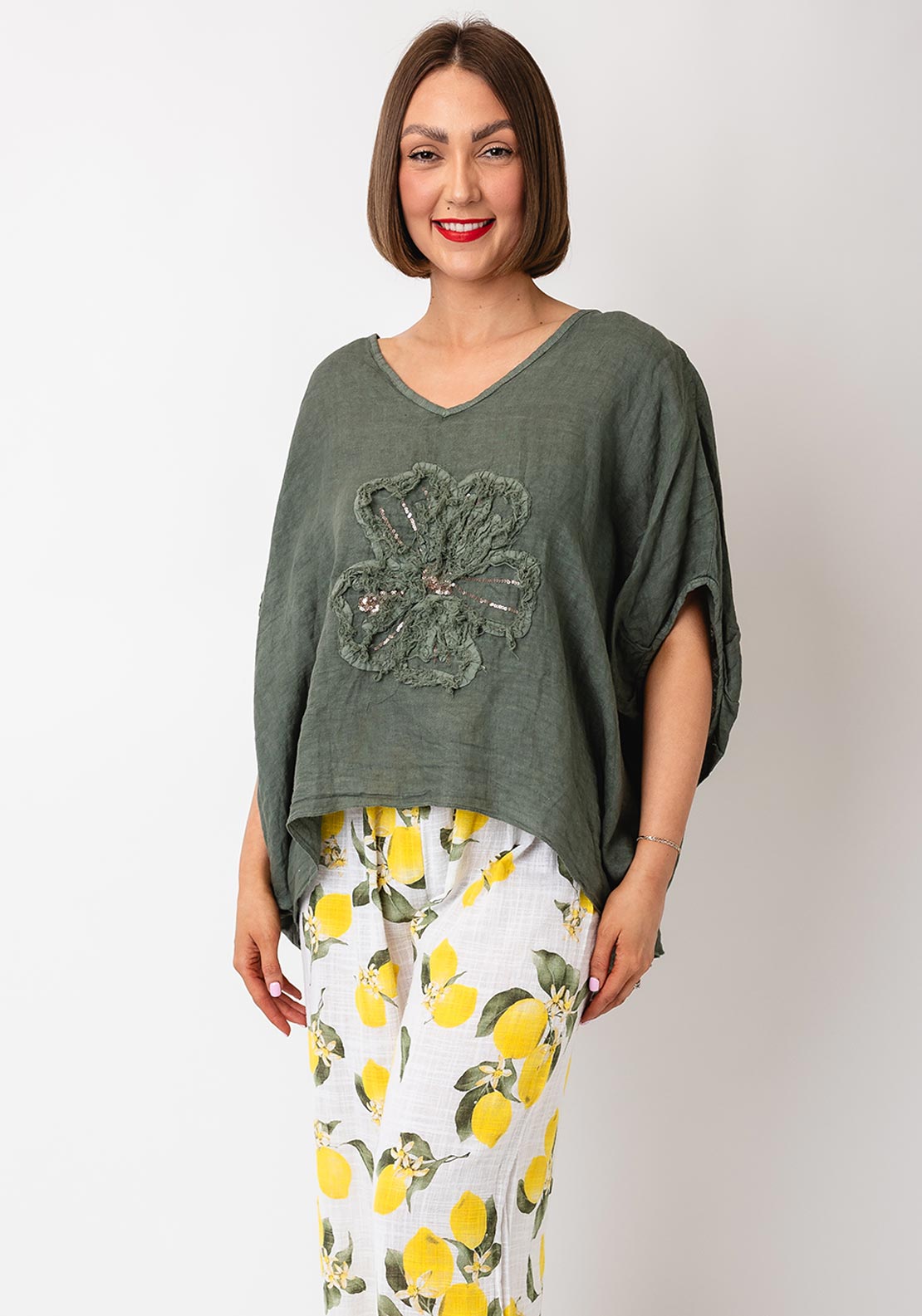 Serafina Collection One Size Floral Linen Blouse, Green