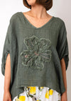 Serafina Collection One Size Floral Linen Blouse, Green