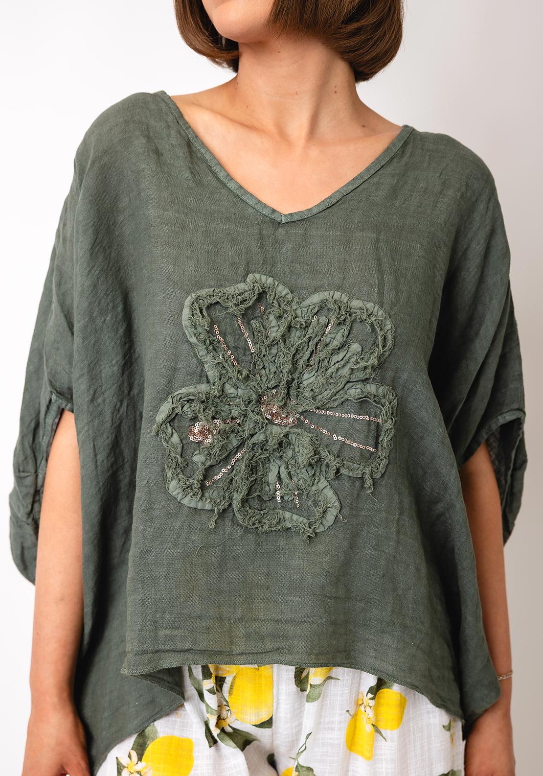 Serafina Collection One Size Floral Linen Blouse, Green