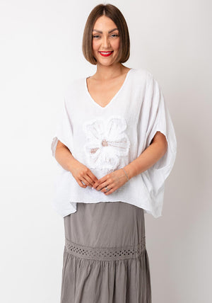 Serafina Collection One Size Floral Linen Blouse, White
