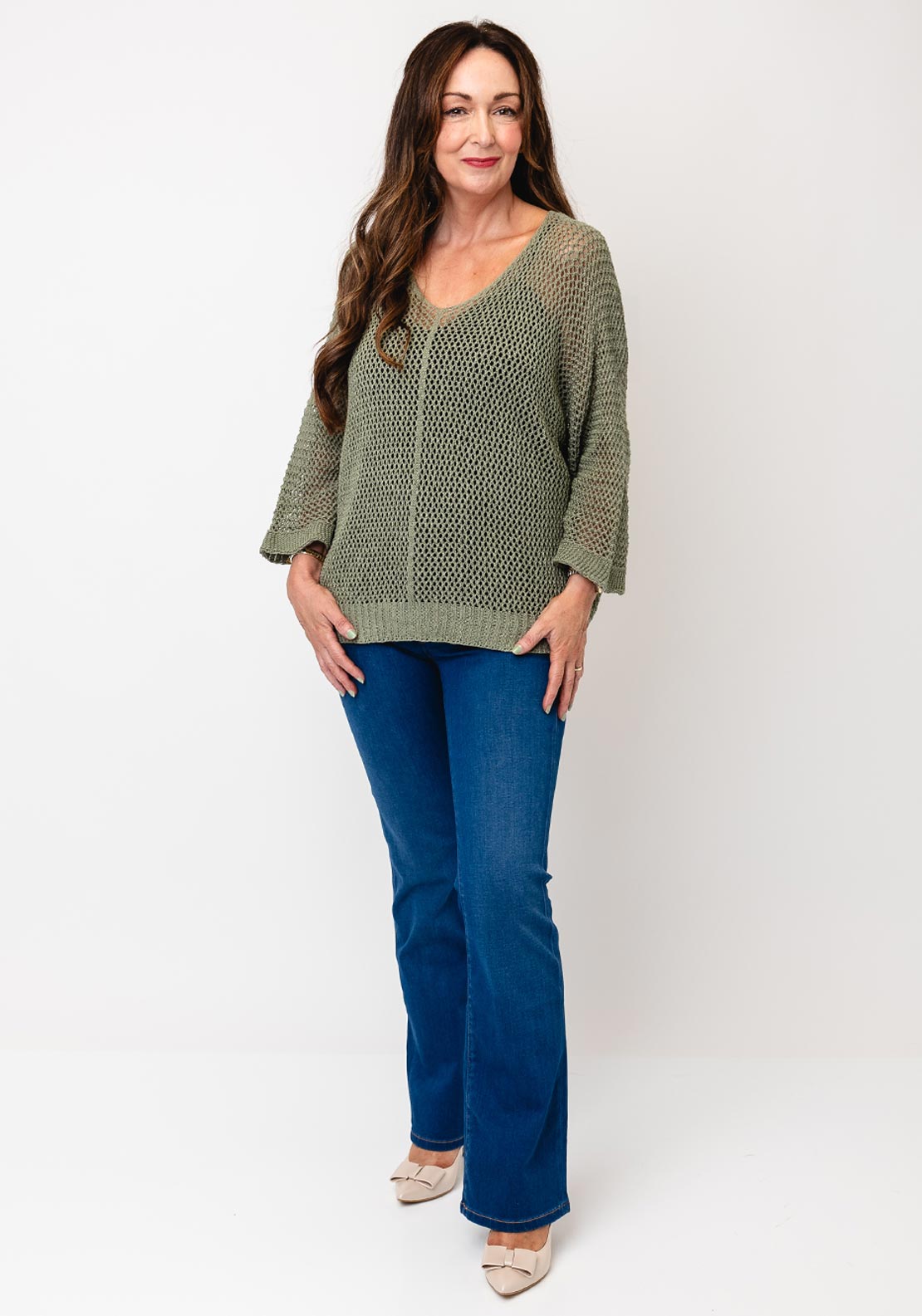 Serafina Collection One Size Crochet Sweater, Khaki Green
