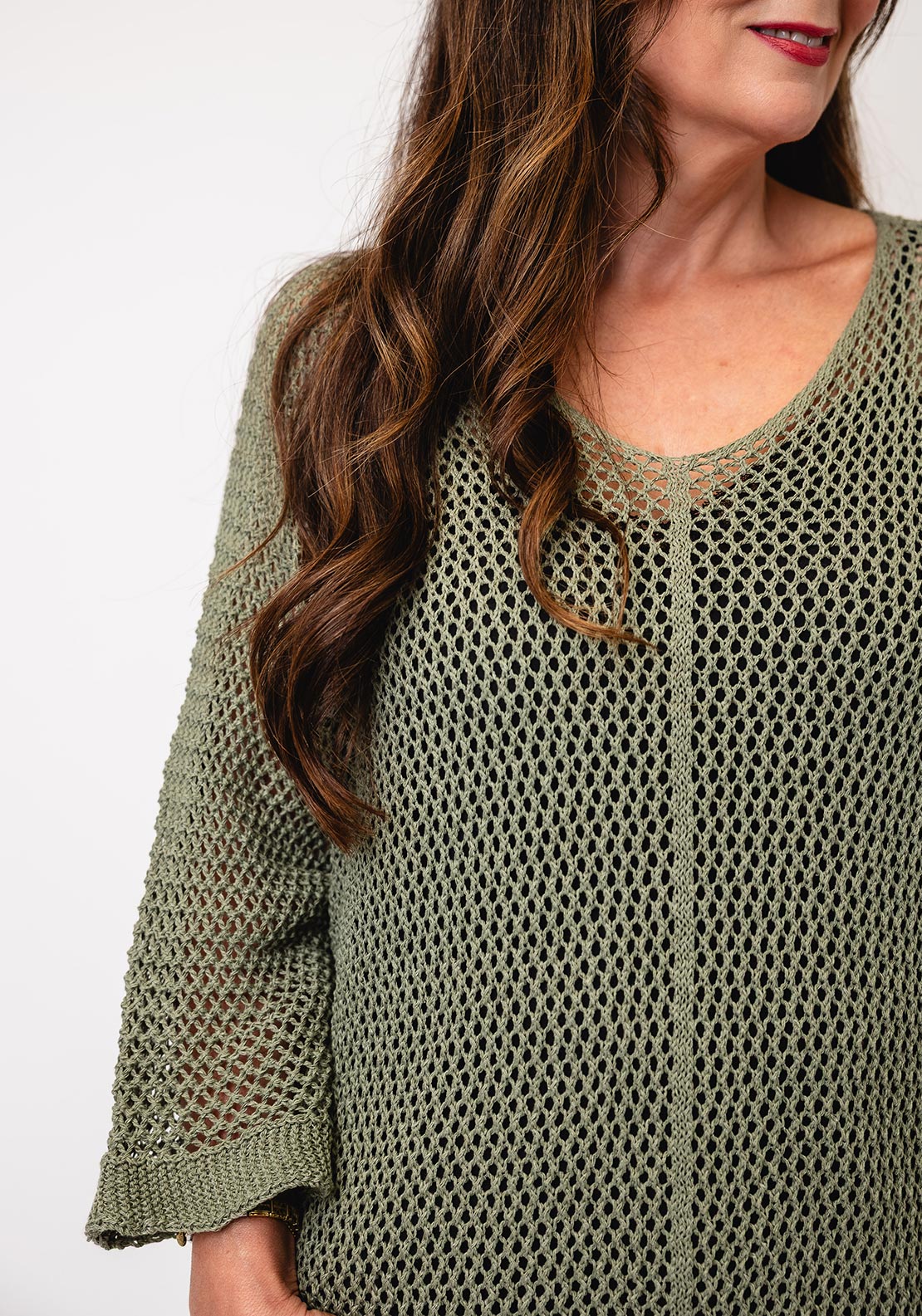 Serafina Collection One Size Crochet Sweater, Khaki Green