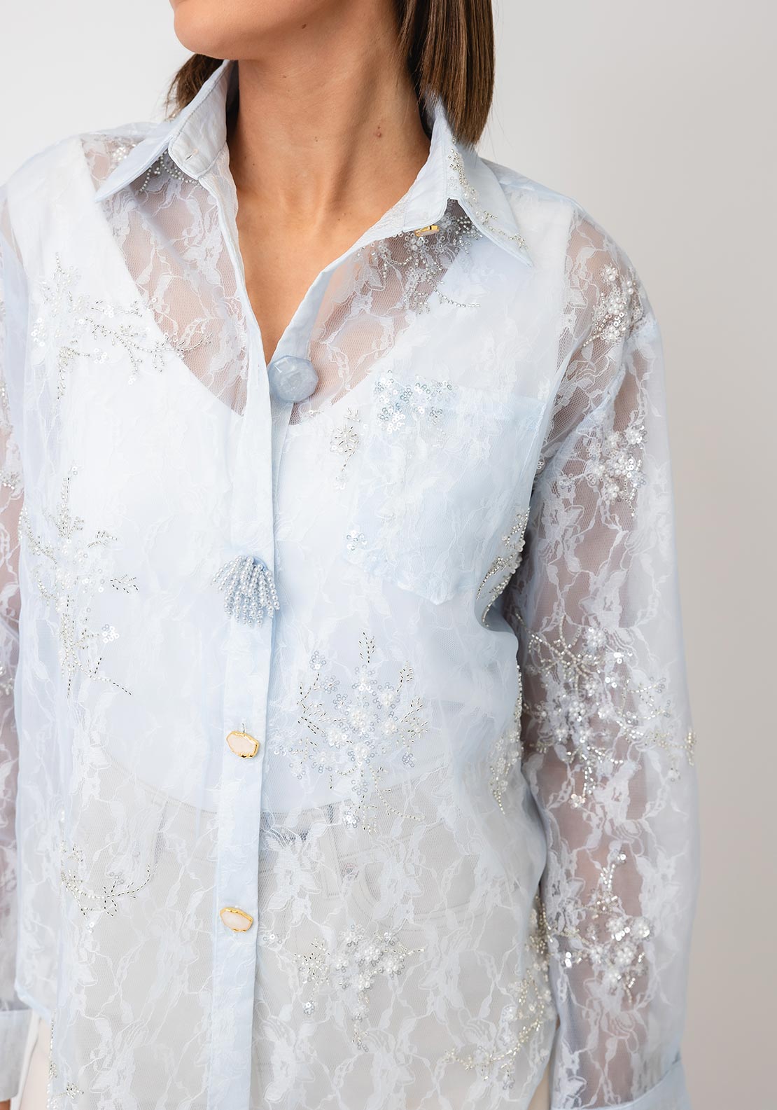 Serafina Embellished Mesh Lace Sheer Shirt, Light Blue