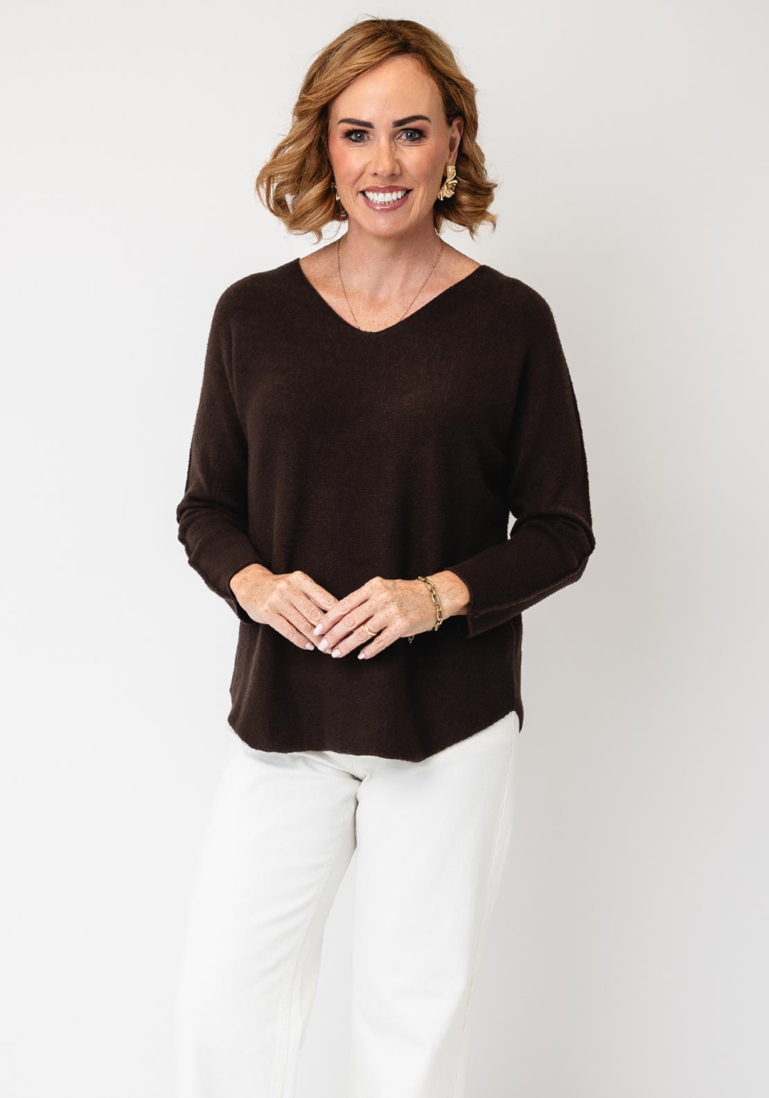 Serafina Collection V-Neck Knitted Jumper, Brown