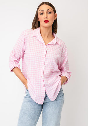 Serafina Checked Button Down Shirt, Pink