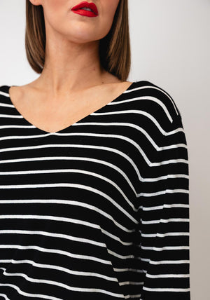 Serafina Striped V-Neck Top, Black